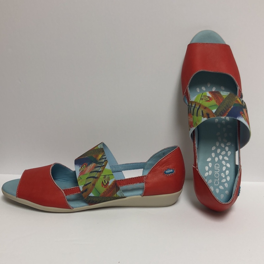Cloud Footware Red Leather Sandals with Feather Detail Sz 41